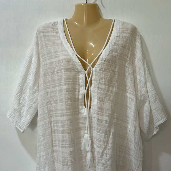 LALAVON  WOMENS LACE UP TUNIC TOP SHORT SLEEVE WHITE LIGHTWEIGHT SIZE LARGE - Picture 3 of 11
